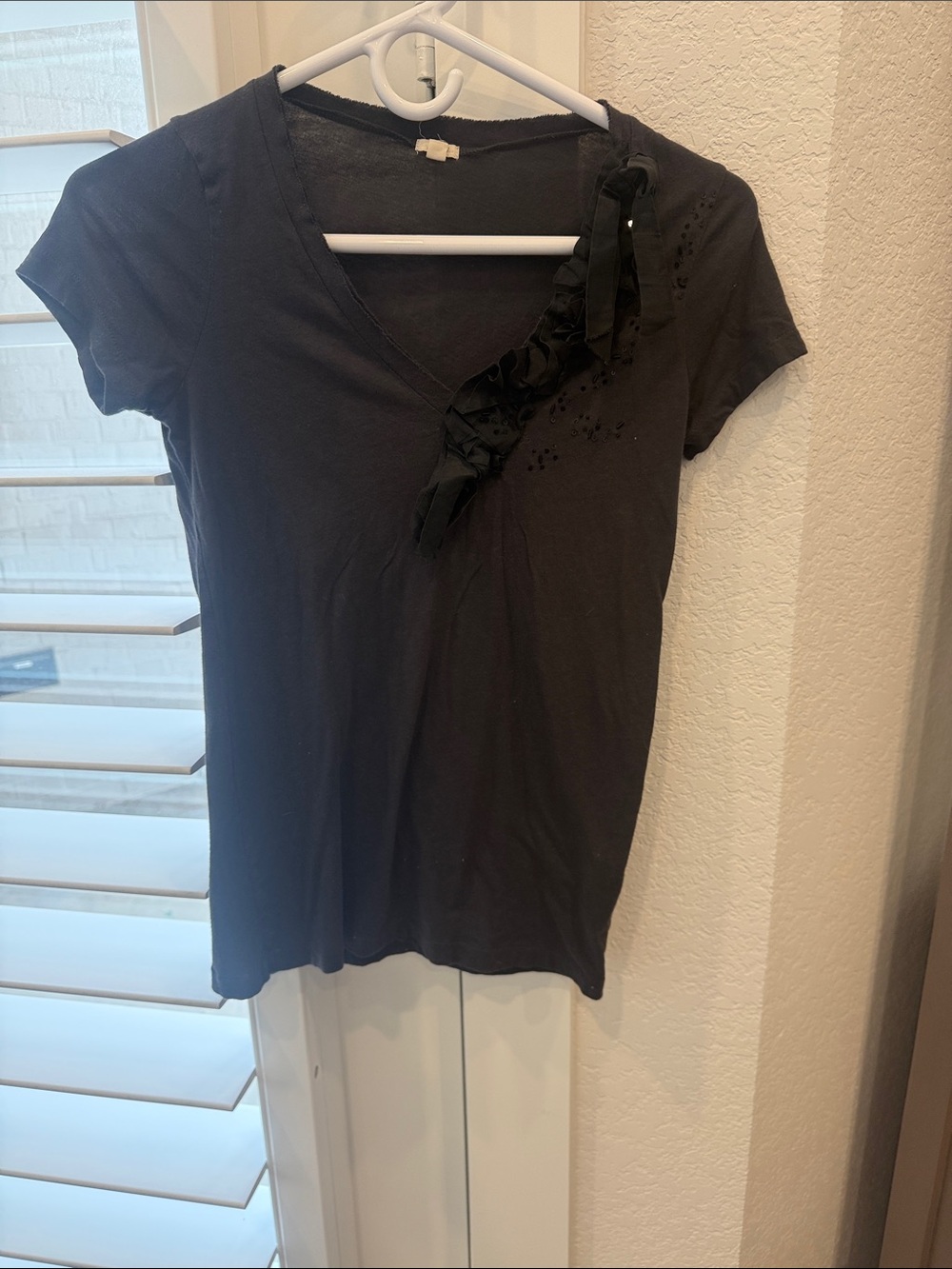J. Crew Black Short-Sleeve V-Neck Tee with Ribbon Accent